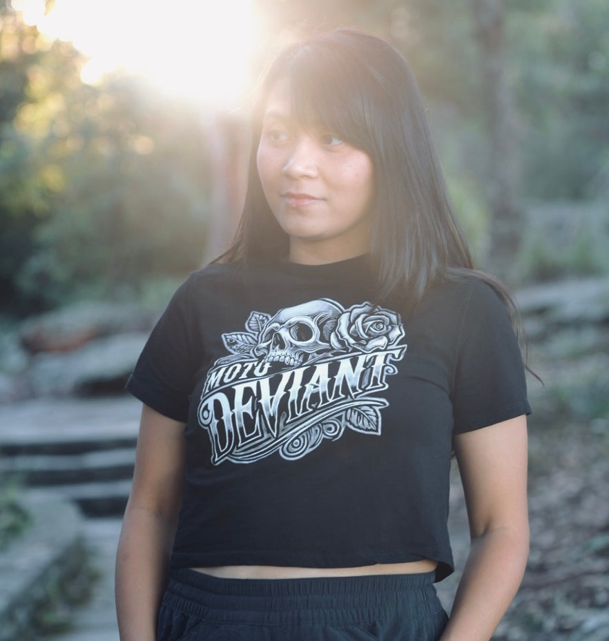 Moto Deviant Skull & Roses Women's Cropped Shirt